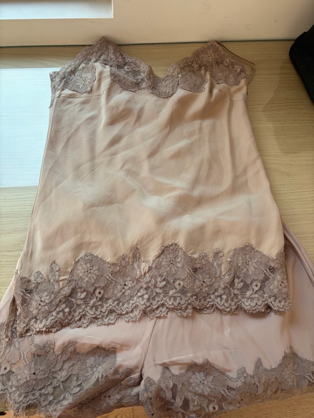 Delicate Lace-Trim Slip Chemise in Mauve and matching shorts - Set